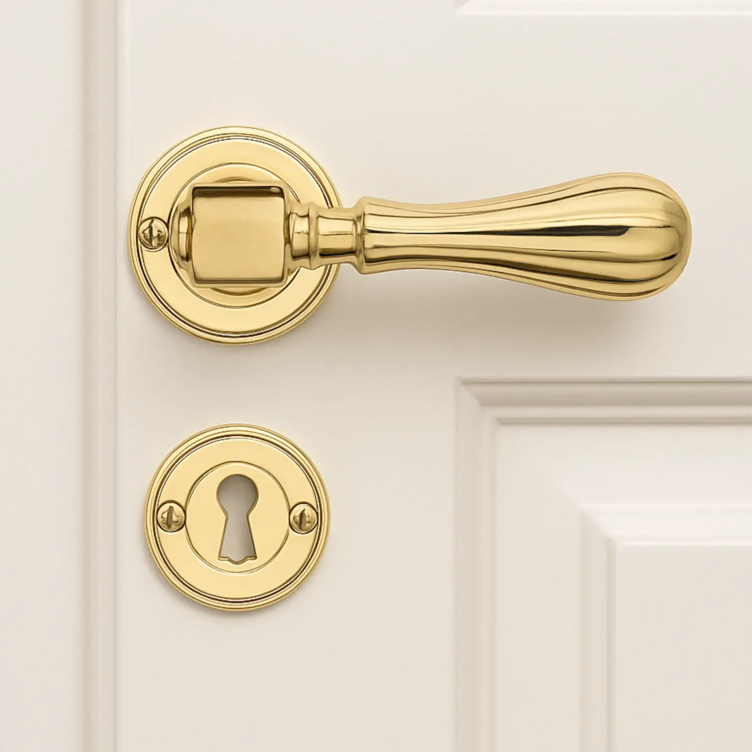 Dørgreb-messing-HOLKHAM-roset-nøgleskilt-worldofhandles HOLKHAM dørhåndtag i messing på hvid dør